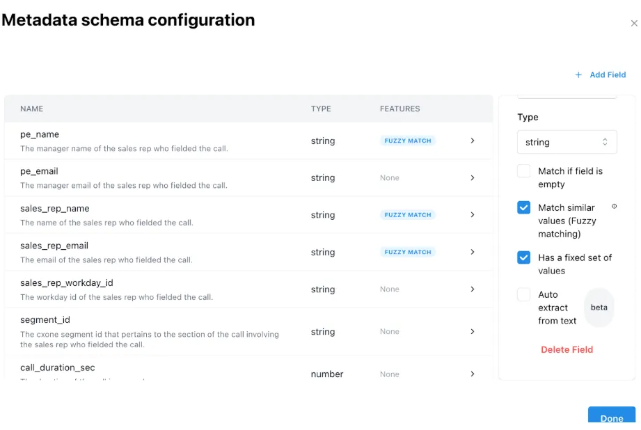 Metadata schema configuration for a document collection showing expected fields and their types