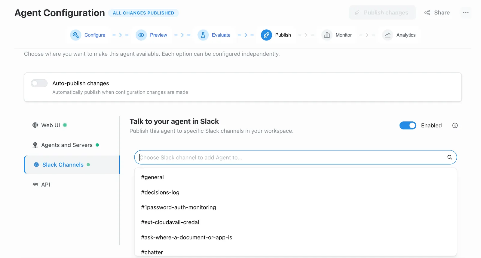 The Slack Channels publish settings for selecting target channels