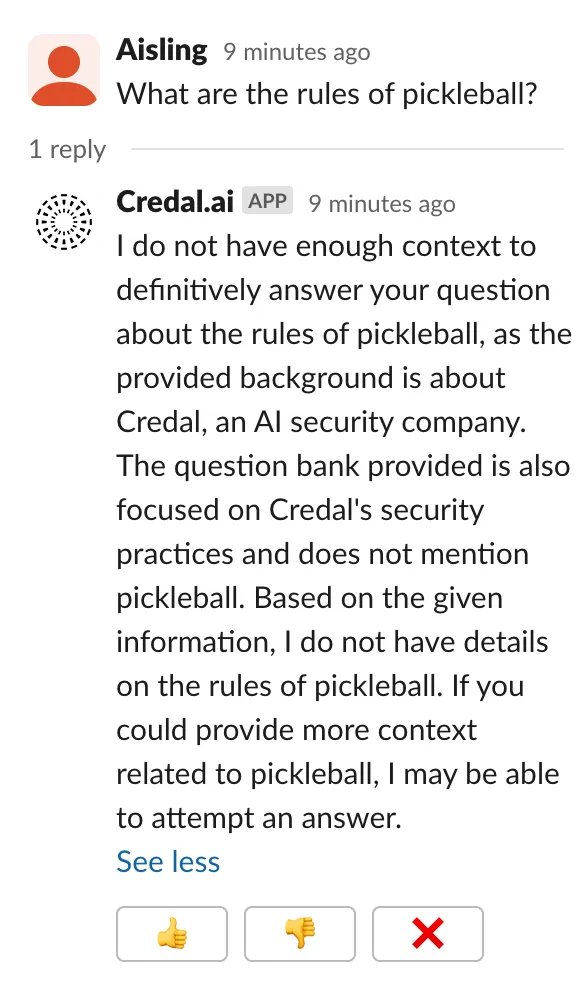 Agent responding that it does not have the context to answer the out-of-scope question