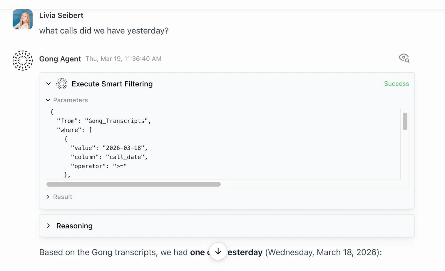 Action results in a chat showing which smart filters were applied