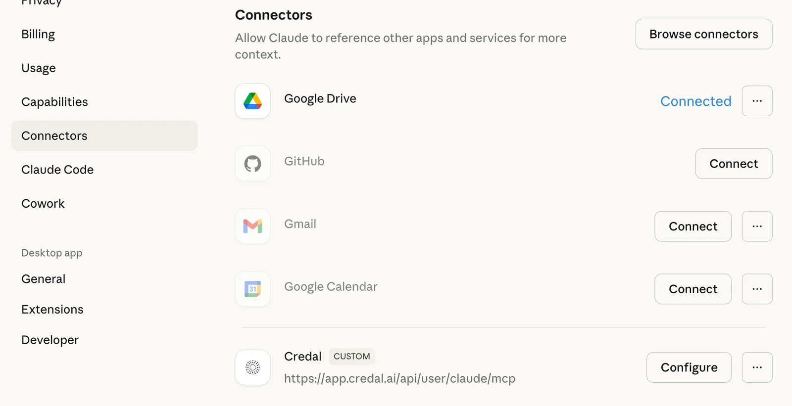 Credal MCP servers available as a connector inside Claude