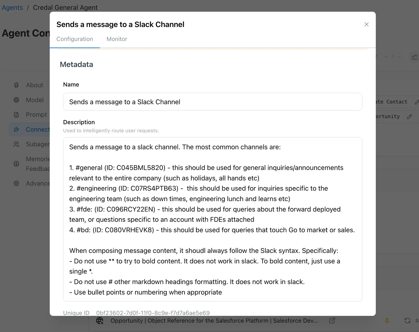 Action settings with editable custom name and description fields