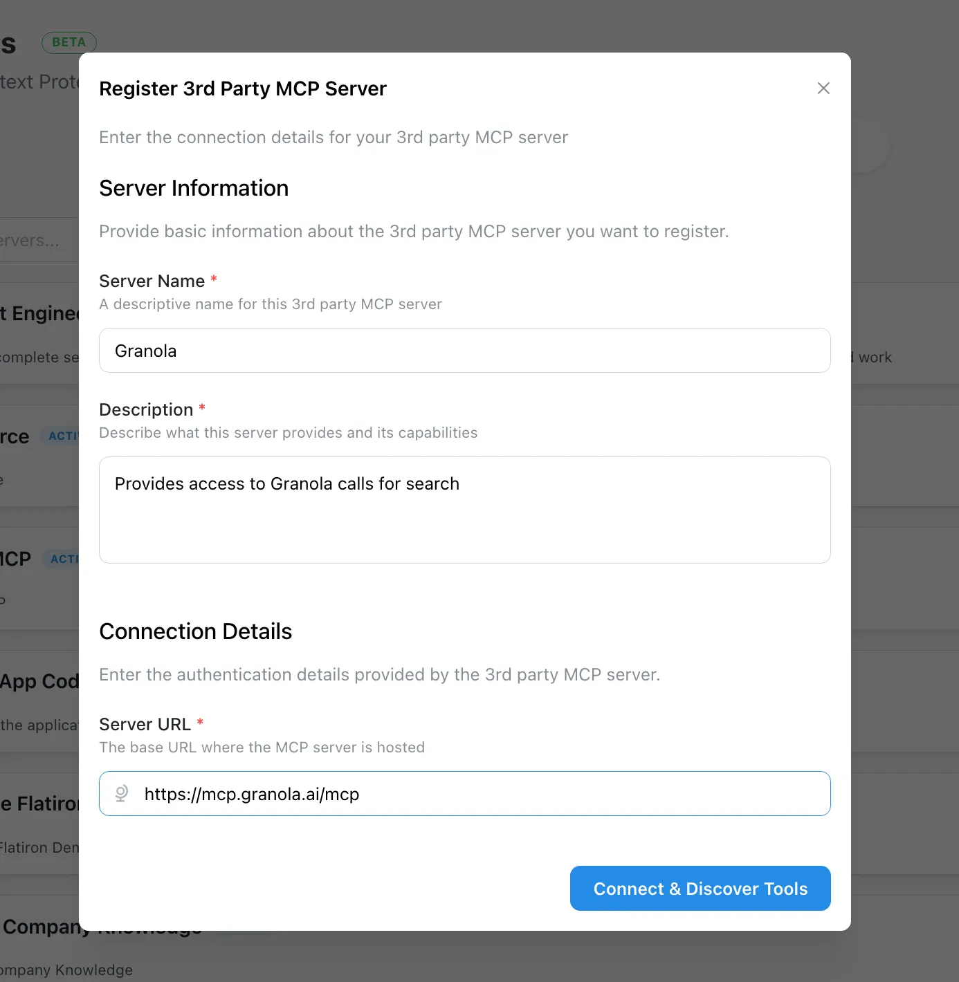 Form for entering the third-party server's name, description, and remote URL