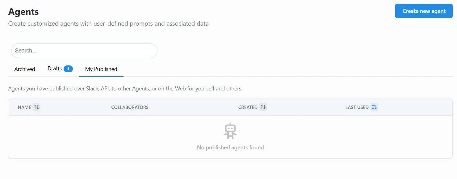 The Agents page with the Create New Agent button