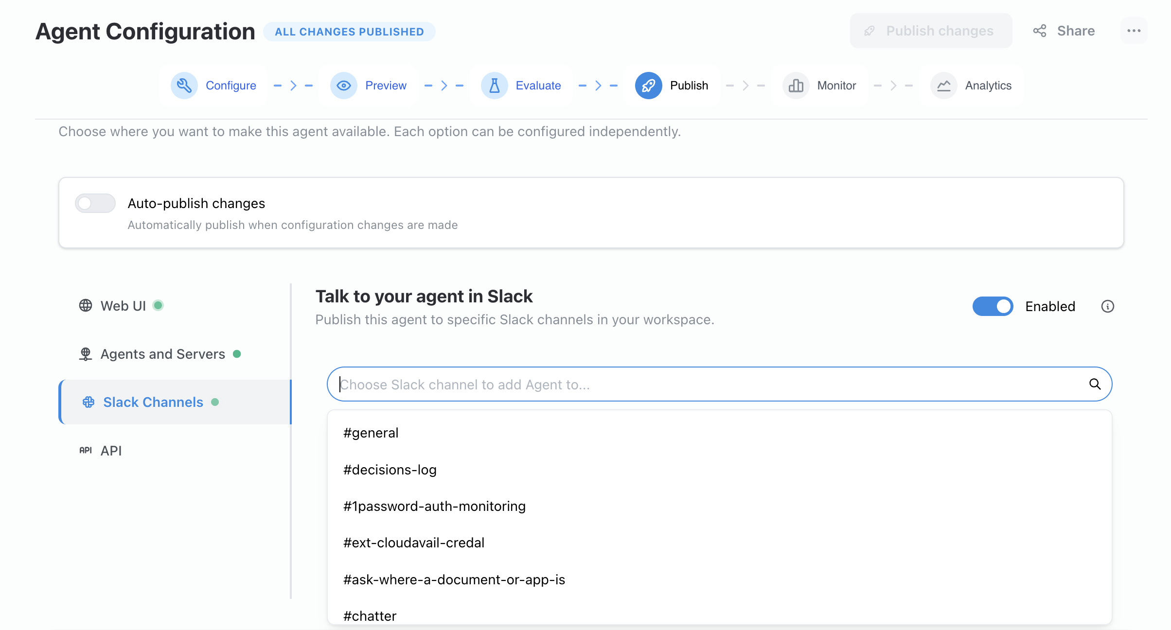 The Slack Channels publish settings for selecting target channels